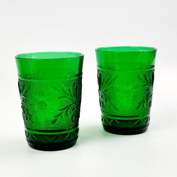 Retro Anchor Hocking Sandwich Glass 8oz Small Tumbler Set Forest Green c1940s-60 - Picture 1 of 8
